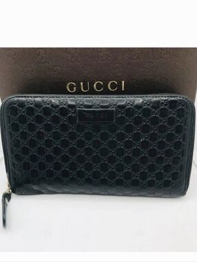 VEUC Gucci Guccissima GG Logo Leather Zip Around Long Wallet Black
